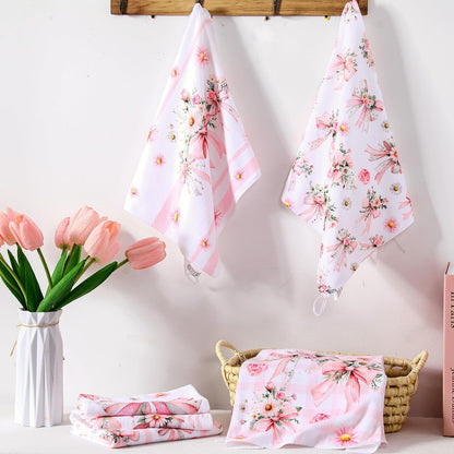6 Pack Pink Bow Kitchen Towels, Floral Dish Towels, 14x21