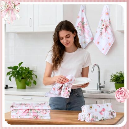 6 Pack Pink Bow Kitchen Towels, Floral Dish Towels, 14x21