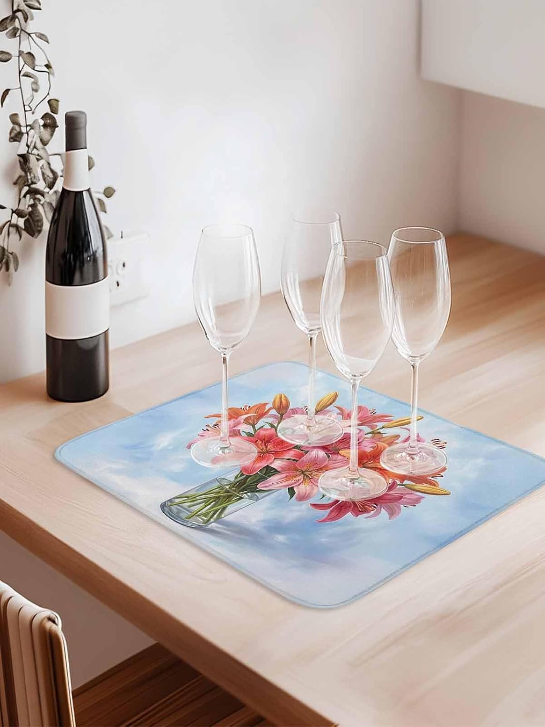 Absorbent Dish Drying Mat, Watercolor Pink Lily Floral Kitchen Counter Mat Dish Drying Pad Set of 1, Flower Vase on Light Blue Washable Microfiber Dishes Drainer Mats