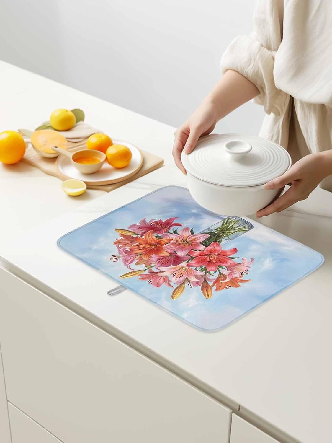 Absorbent Dish Drying Mat, Watercolor Pink Lily Floral Kitchen Counter Mat Dish Drying Pad Set of 1, Flower Vase on Light Blue Washable Microfiber Dishes Drainer Mats