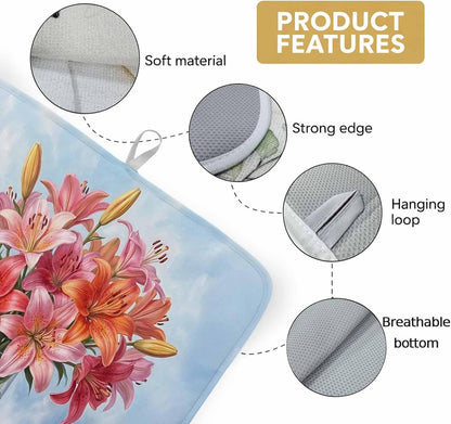 Absorbent Dish Drying Mat, Watercolor Pink Lily Floral Kitchen Counter Mat Dish Drying Pad Set of 1, Flower Vase on Light Blue Washable Microfiber Dishes Drainer Mats