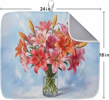 Absorbent Dish Drying Mat, Watercolor Pink Lily Floral Kitchen Counter Mat Dish Drying Pad Set of 1, Flower Vase on Light Blue Washable Microfiber Dishes Drainer Mats