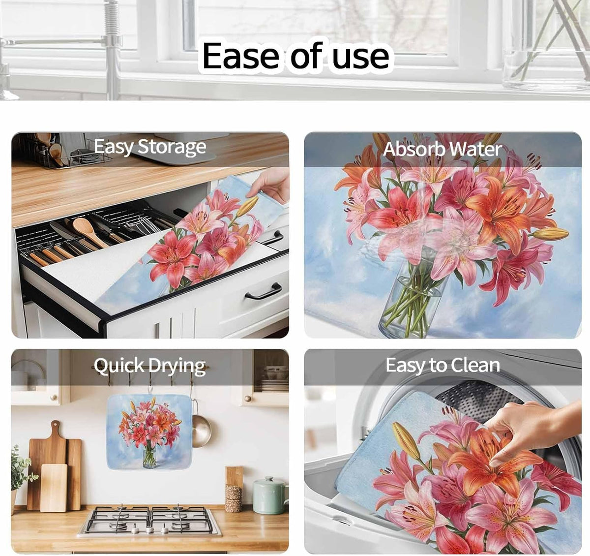 Absorbent Dish Drying Mat, Watercolor Pink Lily Floral Kitchen Counter Mat Dish Drying Pad Set of 1, Flower Vase on Light Blue Washable Microfiber Dishes Drainer Mats