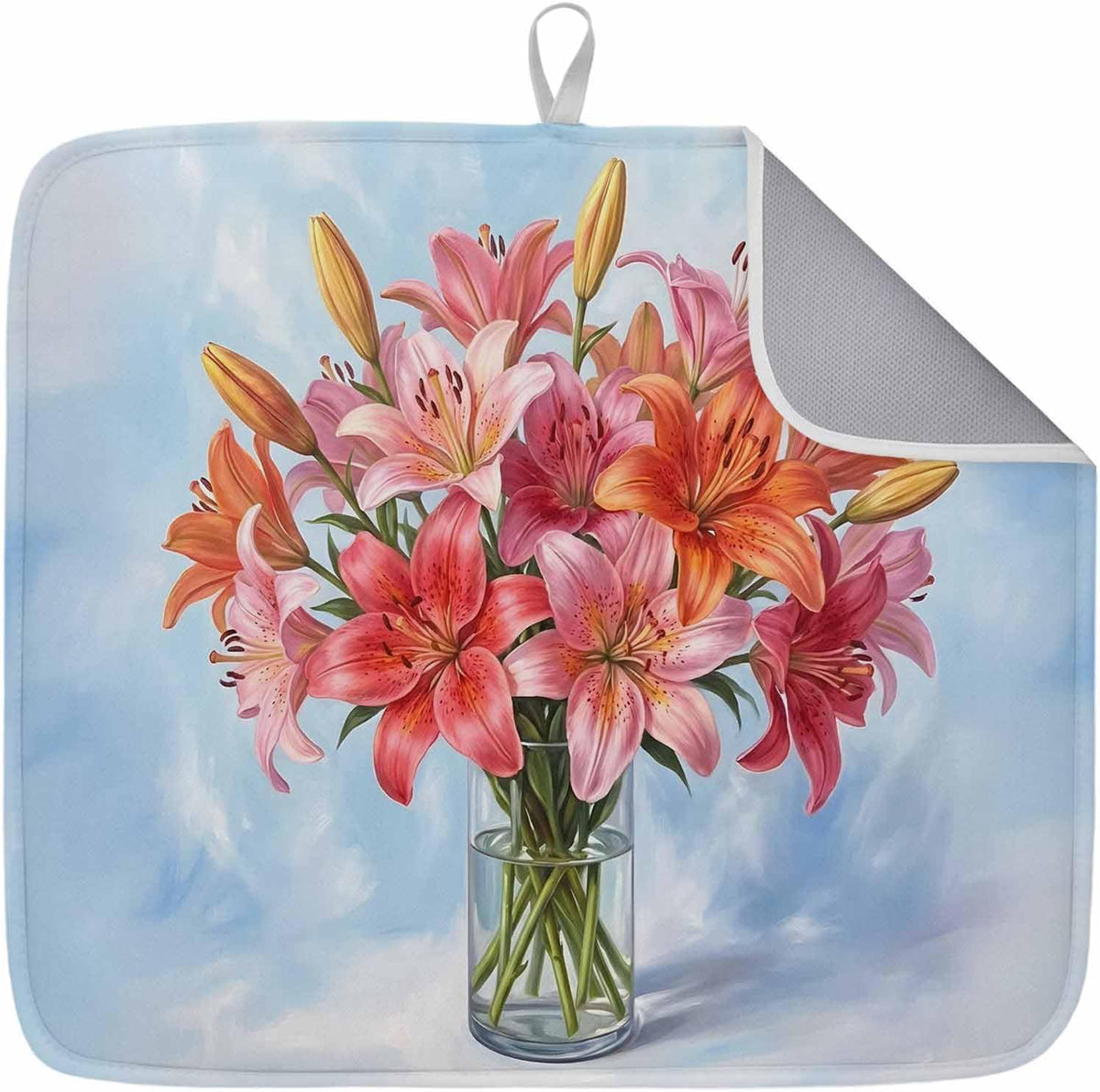 Absorbent Dish Drying Mat, Watercolor Pink Lily Floral Kitchen Counter Mat Dish Drying Pad Set of 1, Flower Vase on Light Blue Washable Microfiber Dishes Drainer Mats
