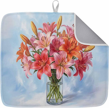 Absorbent Dish Drying Mat, Watercolor Pink Lily Floral Kitchen Counter Mat Dish Drying Pad Set of 1, Flower Vase on Light Blue Washable Microfiber Dishes Drainer Mats