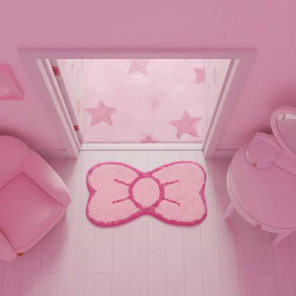 Pink Bow Bathroom Rug Cute Bow Decorative Doormat Kawaii Shaped Mat Gifts Cute Cartoon Kitten Floor Mat Holiday Doormats Non Slip Washable Bath Rug for Bathroom (Medium, Pink Bow)
