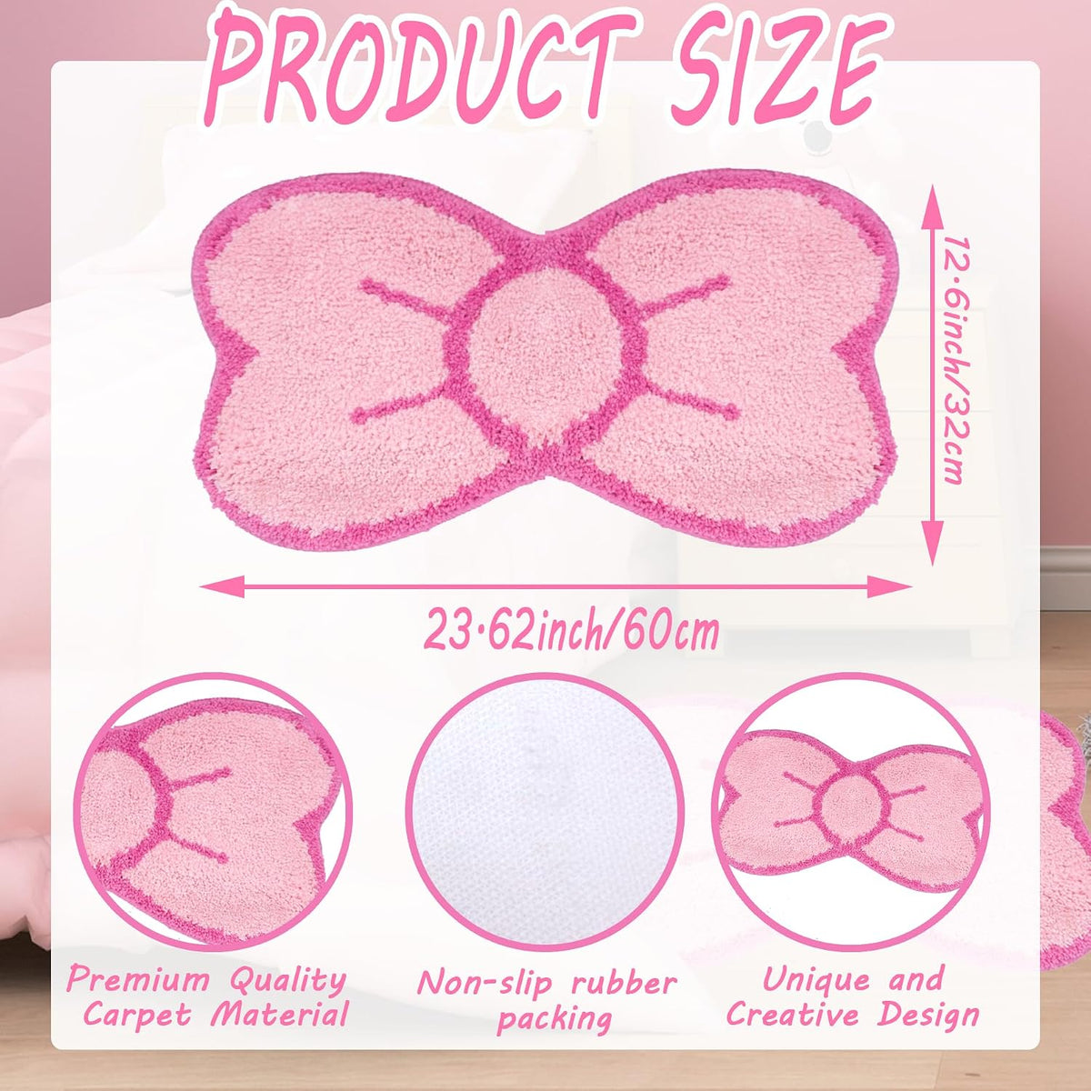 Pink Bow Bathroom Rug Cute Bow Decorative Doormat Kawaii Shaped Mat Gifts Cute Cartoon Kitten Floor Mat Holiday Doormats Non Slip Washable Bath Rug for Bathroom (Medium, Pink Bow)