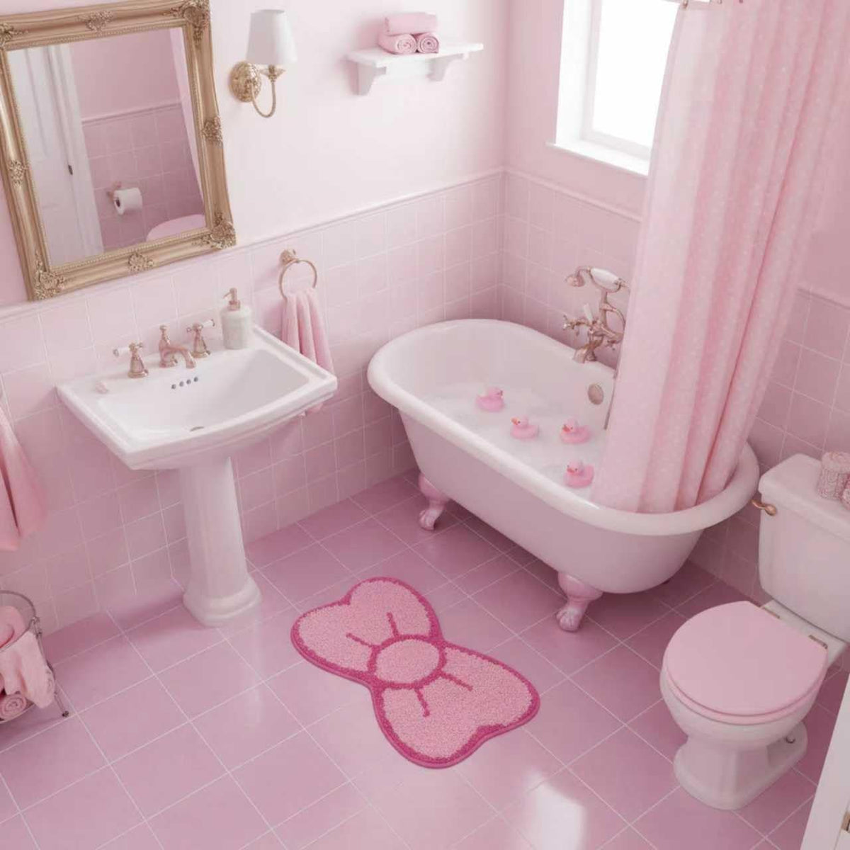 Pink Bow Bathroom Rug Cute Bow Decorative Doormat Kawaii Shaped Mat Gifts Cute Cartoon Kitten Floor Mat Holiday Doormats Non Slip Washable Bath Rug for Bathroom (Medium, Pink Bow)