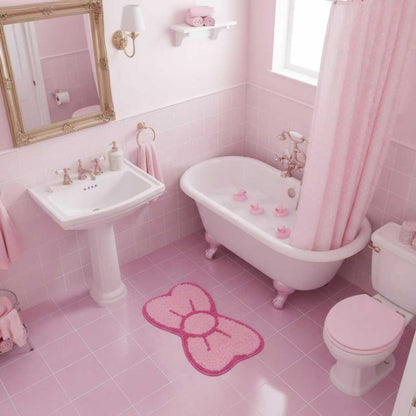 Pink Bow Bathroom Rug Cute Bow Decorative Doormat Kawaii Shaped Mat Gifts Cute Cartoon Kitten Floor Mat Holiday Doormats Non Slip Washable Bath Rug for Bathroom (Medium, Pink Bow)