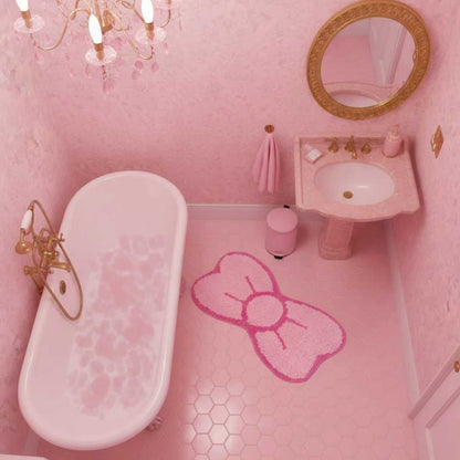 Pink Bow Bathroom Rug Cute Bow Decorative Doormat Kawaii Shaped Mat Gifts Cute Cartoon Kitten Floor Mat Holiday Doormats Non Slip Washable Bath Rug for Bathroom (Medium, Pink Bow)