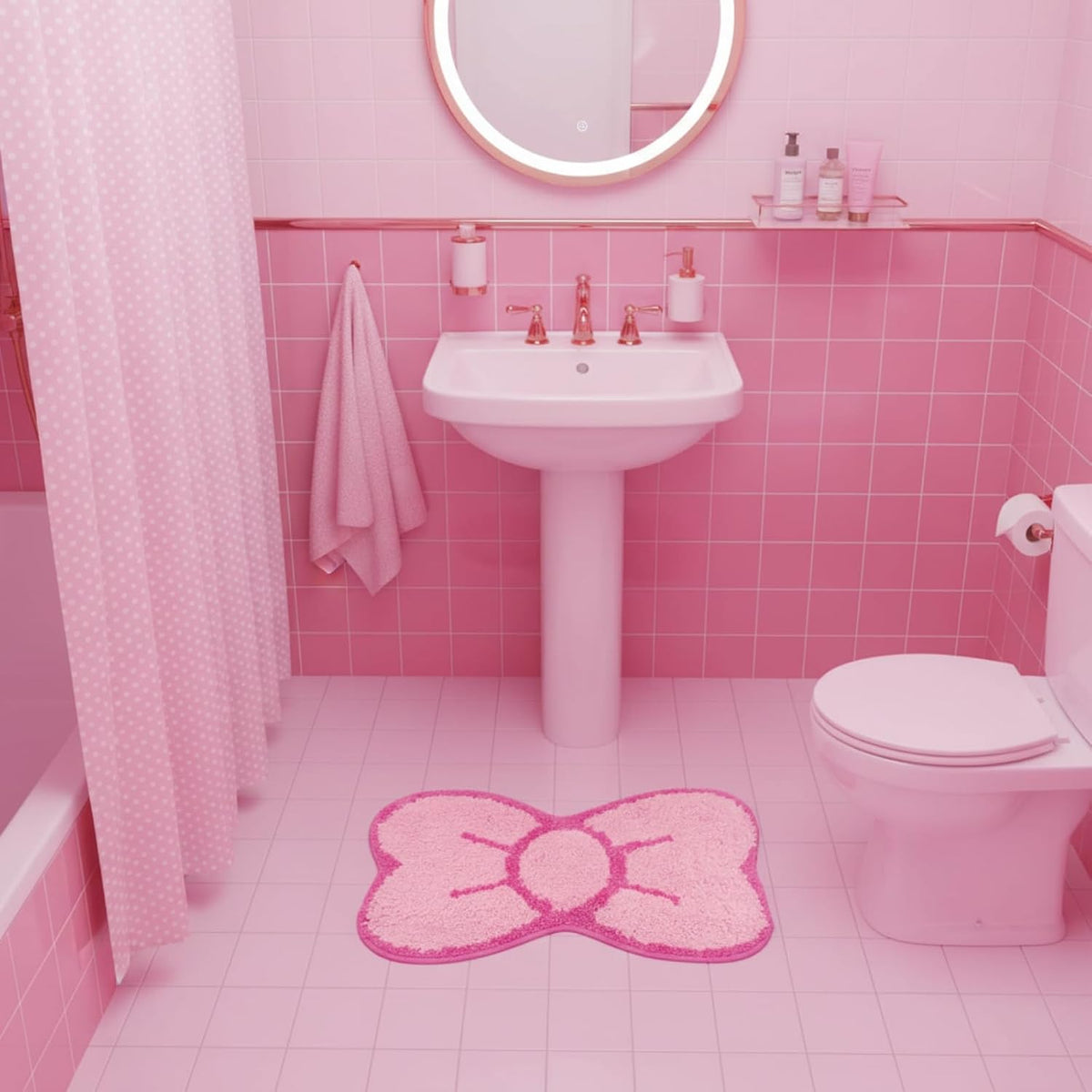 Pink Bow Bathroom Rug Cute Bow Decorative Doormat Kawaii Shaped Mat Gifts Cute Cartoon Kitten Floor Mat Holiday Doormats Non Slip Washable Bath Rug for Bathroom (Medium, Pink Bow)