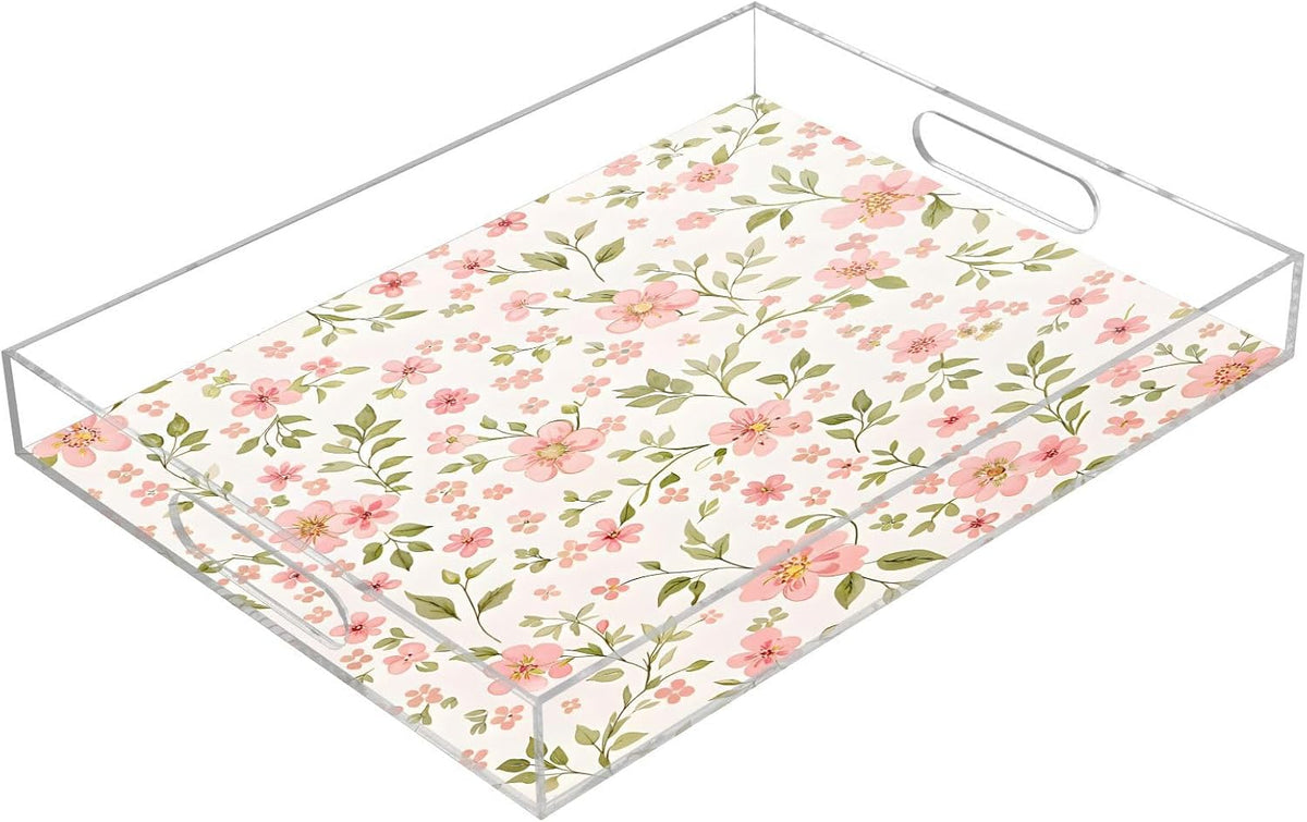 Pink Flowers Serving Tray 12" x 16" Acrylic Trays with Handles Decorative Serving Platter for Coffee, Breakfast in Bed, Dinner, Appetizers, Patio, Party