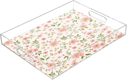Pink Flowers Serving Tray 12" x 16" Acrylic Trays with Handles Decorative Serving Platter for Coffee, Breakfast in Bed, Dinner, Appetizers, Patio, Party