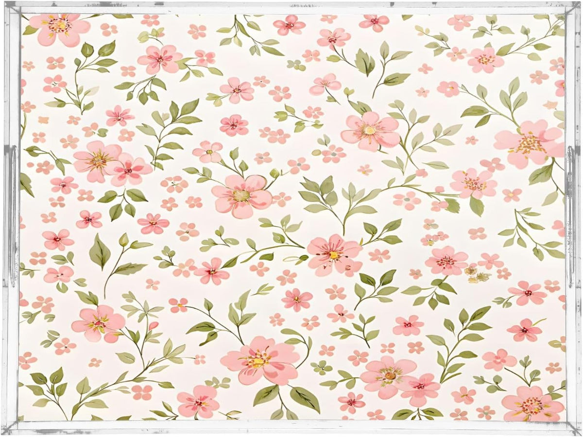 Pink Flowers Serving Tray 12" x 16" Acrylic Trays with Handles Decorative Serving Platter for Coffee, Breakfast in Bed, Dinner, Appetizers, Patio, Party
