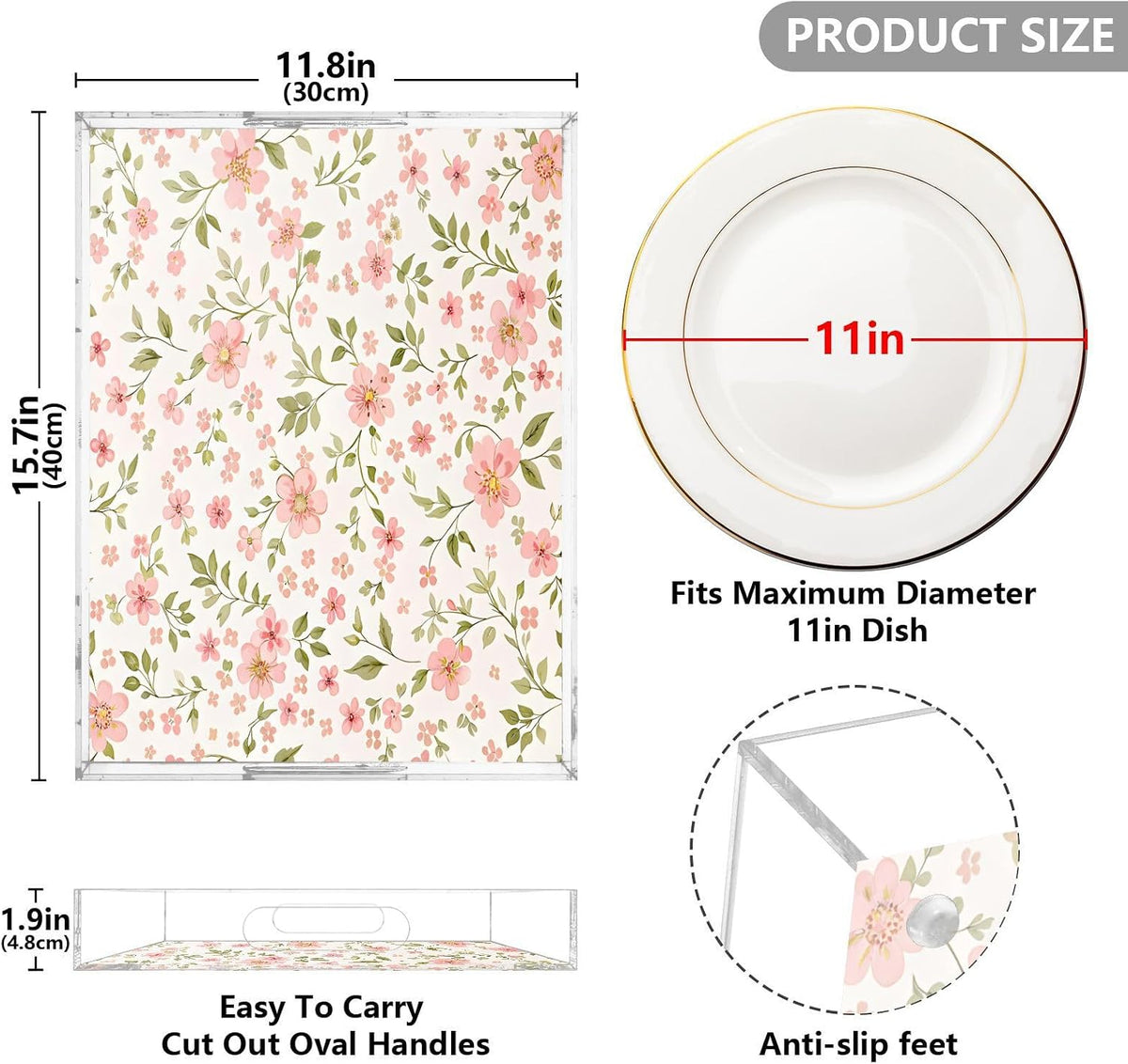 Pink Flowers Serving Tray 12" x 16" Acrylic Trays with Handles Decorative Serving Platter for Coffee, Breakfast in Bed, Dinner, Appetizers, Patio, Party