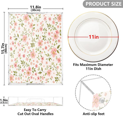 Pink Flowers Serving Tray 12" x 16" Acrylic Trays with Handles Decorative Serving Platter for Coffee, Breakfast in Bed, Dinner, Appetizers, Patio, Party