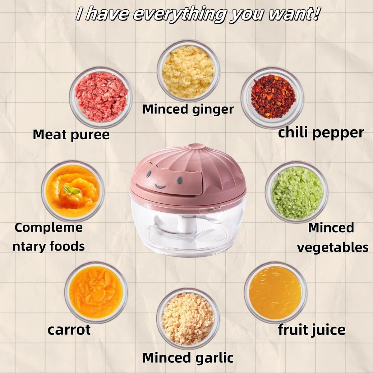 Manual Food Processor Vegetable Chopper, Mini Hand Pull String Garlic Chopper Onion Cutter for Veggies, Ginger, Fruits, Nuts, Avocado, garlic etc., Food Safe Material, 160ml (pink)