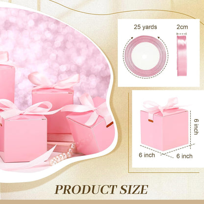 MotiMind 48 Pcs Wedding Gift Boxes with Ribbon Small Party Favor Boxes with Lids Mini Treat Candy Container for Easter Party Birthday and More(Pink,6 Inch)