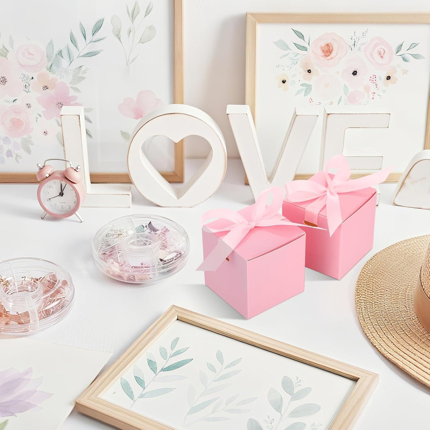 MotiMind 48 Pcs Wedding Gift Boxes with Ribbon Small Party Favor Boxes with Lids Mini Treat Candy Container for Easter Party Birthday and More(Pink,6 Inch)