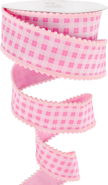 Pink and White Gingham Wired Ribbon with Snowball Edge 2.5 Inch