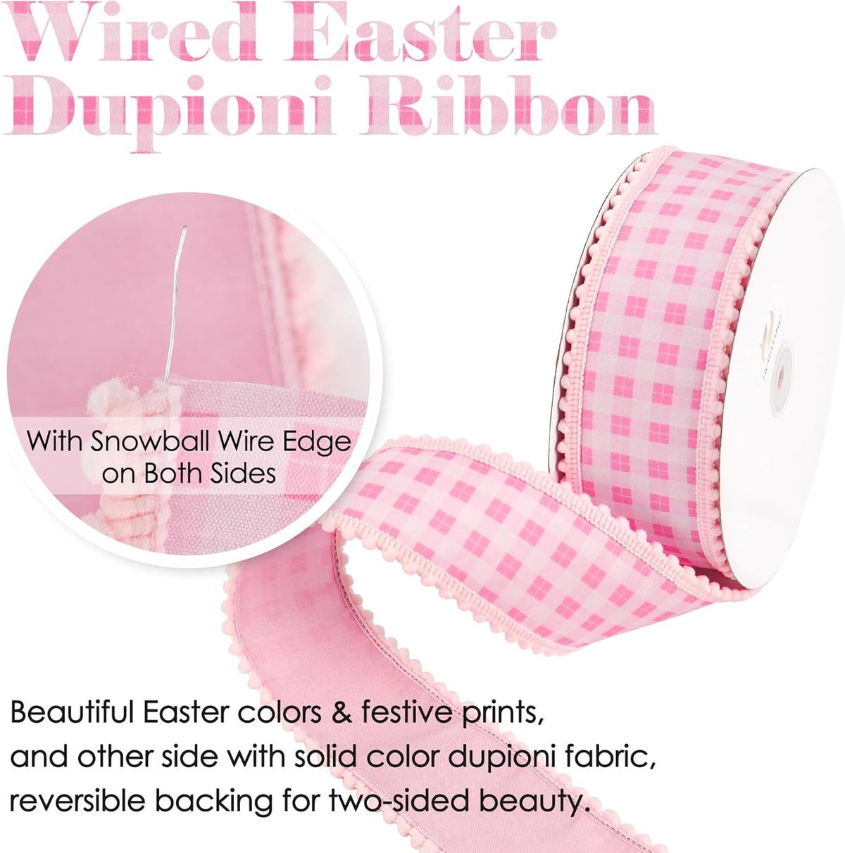 Pink and White Gingham Wired Ribbon with Snowball Edge 2.5 Inch