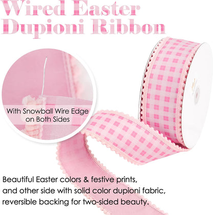 Pink and White Gingham Wired Ribbon with Snowball Edge 2.5 Inch