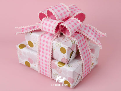Pink and White Gingham Wired Ribbon with Snowball Edge 2.5 Inch