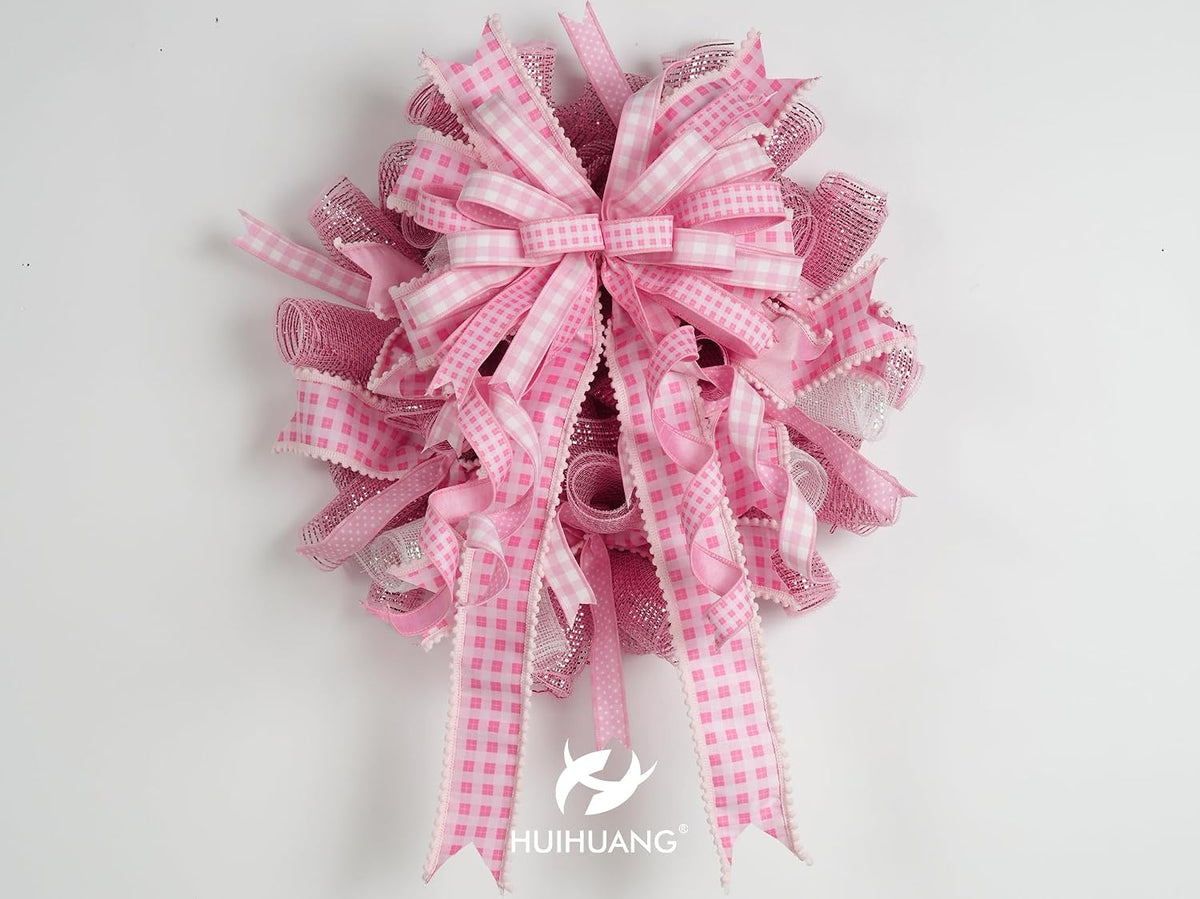 Pink and White Gingham Wired Ribbon with Snowball Edge 2.5 Inch
