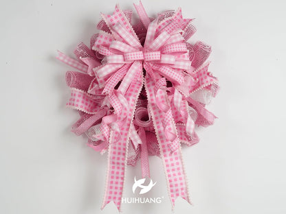 Pink and White Gingham Wired Ribbon with Snowball Edge 2.5 Inch