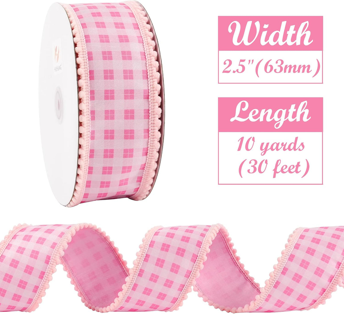 Pink and White Gingham Wired Ribbon with Snowball Edge 2.5 Inch