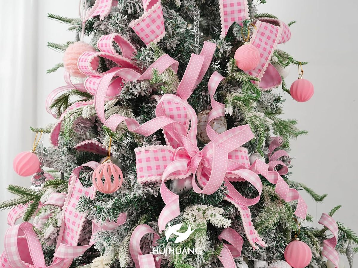 Pink and White Gingham Wired Ribbon with Snowball Edge 2.5 Inch