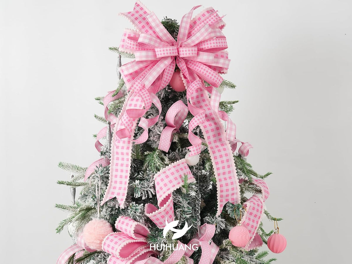 Pink and White Gingham Wired Ribbon with Snowball Edge 2.5 Inch