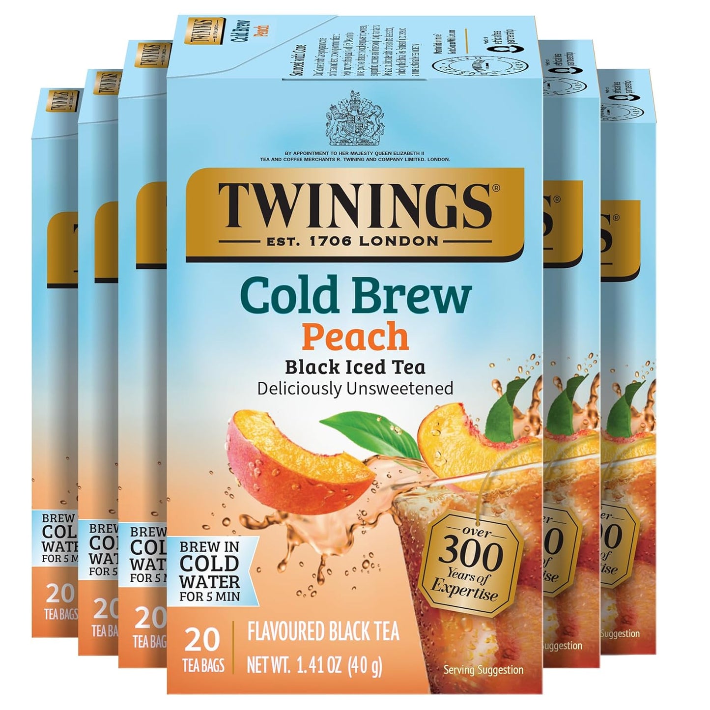 Peach Cold Brew Iced Tea Bags, 20 Count (Pack of 6), Unsweetened Flavoured Black Tea, Caffeinated, 120 Teabags