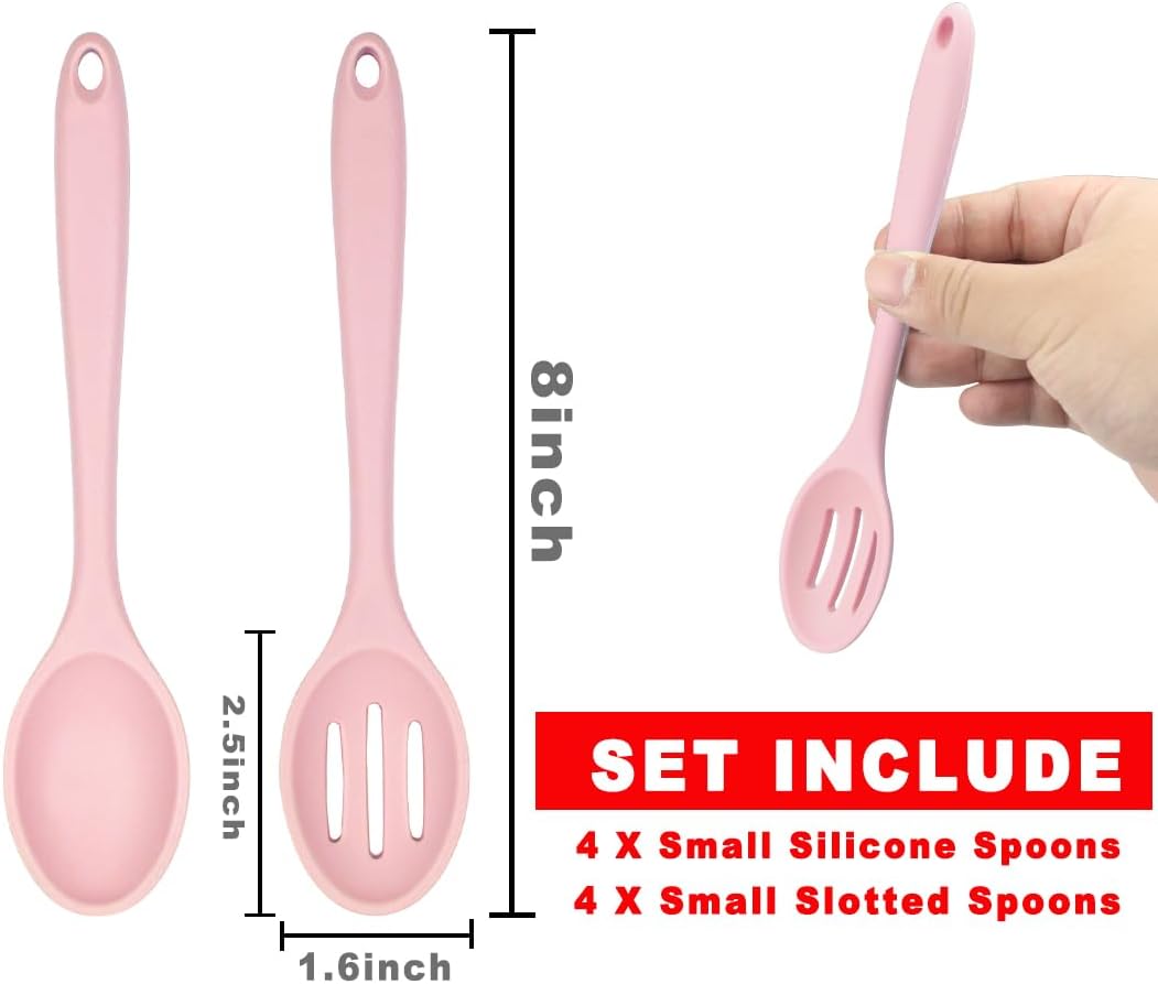 8 Pcs Silicone Cooking Spoons Set,Mixing Spoons for Cooking Spoons for Nonstick Cookware Silicone Serving Spoons,Mixing Spoons for Cooking (Pink)