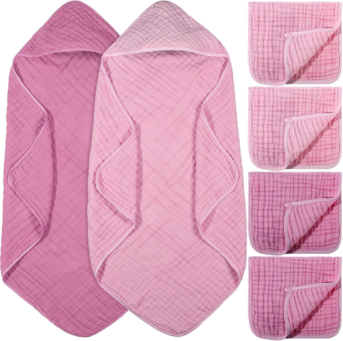 6 Pcs Muslin Hooded Baby Bath Towel and Washcloth Set,Rose Red, Pink