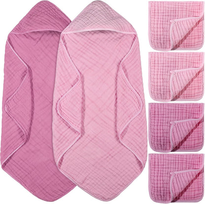 6 Pcs Muslin Hooded Baby Bath Towel and Washcloth Set,Rose Red, Pink
