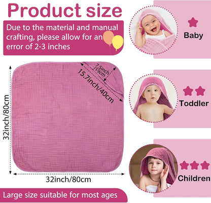 6 Pcs Muslin Hooded Baby Bath Towel and Washcloth Set,Rose Red, Pink