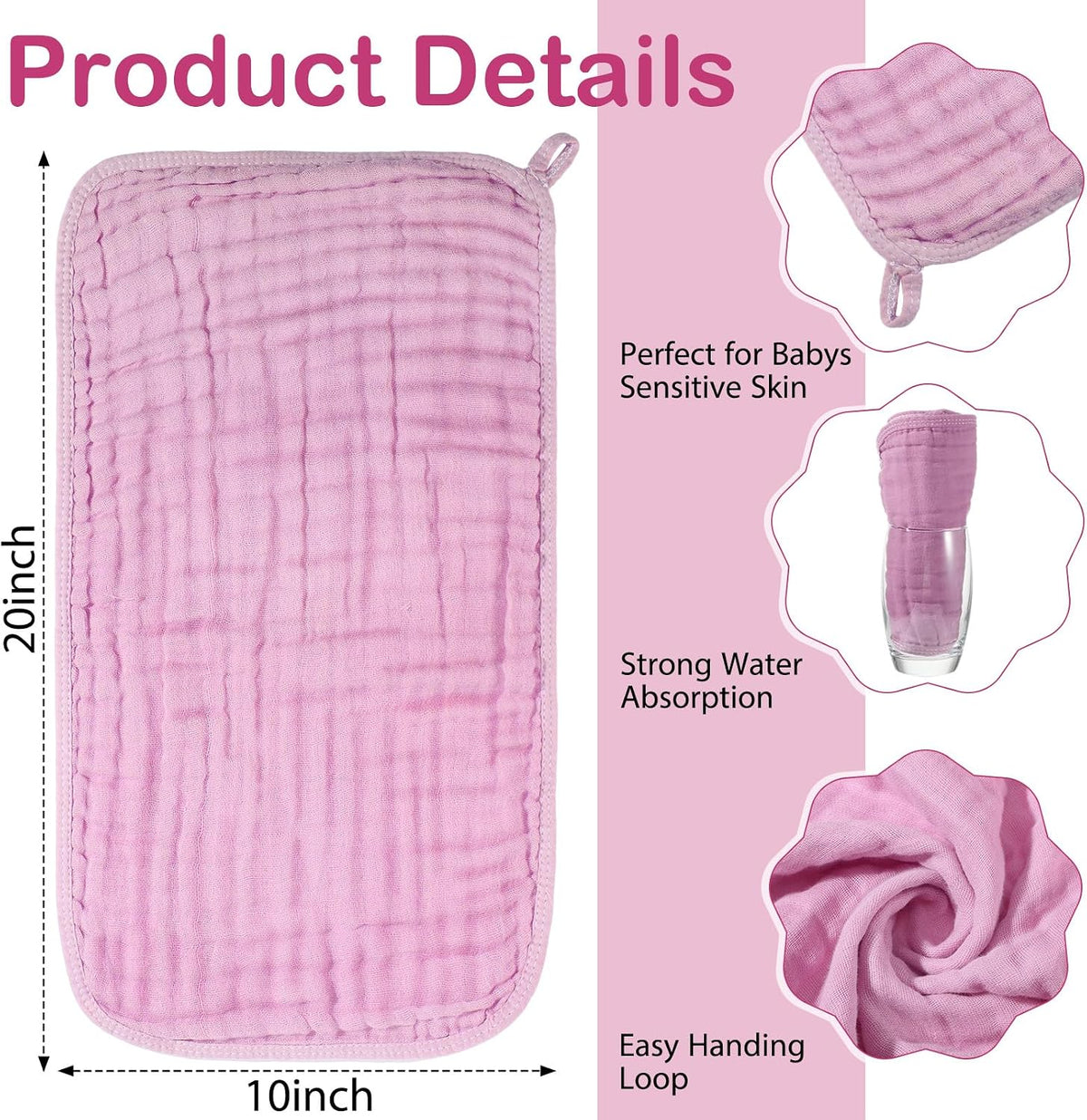 6 Pcs Muslin Hooded Baby Bath Towel and Washcloth Set,Rose Red, Pink