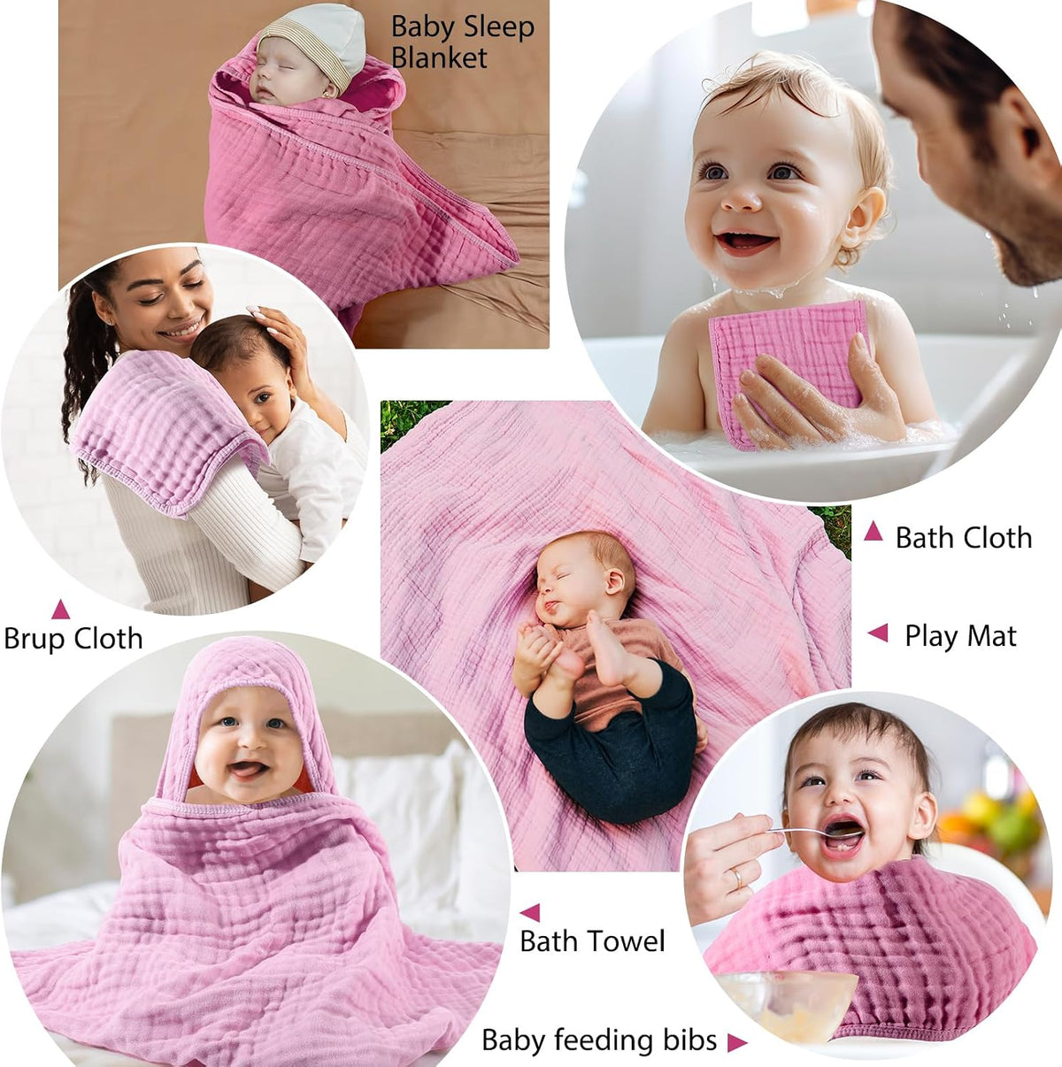 6 Pcs Muslin Hooded Baby Bath Towel and Washcloth Set,Rose Red, Pink