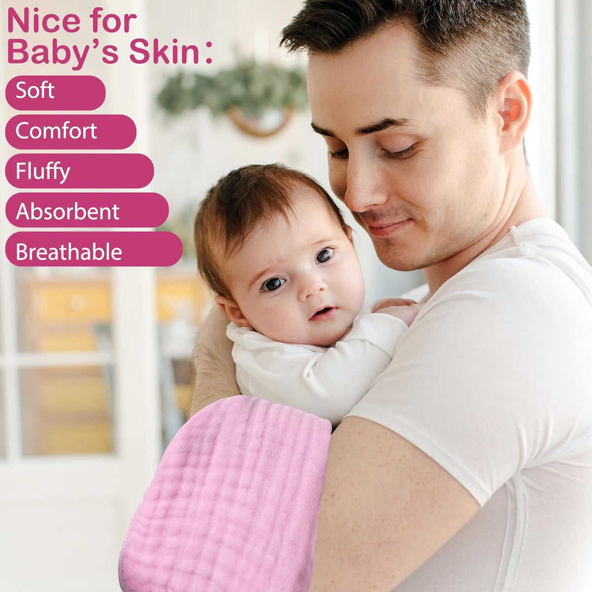 6 Pcs Muslin Hooded Baby Bath Towel and Washcloth Set,Rose Red, Pink