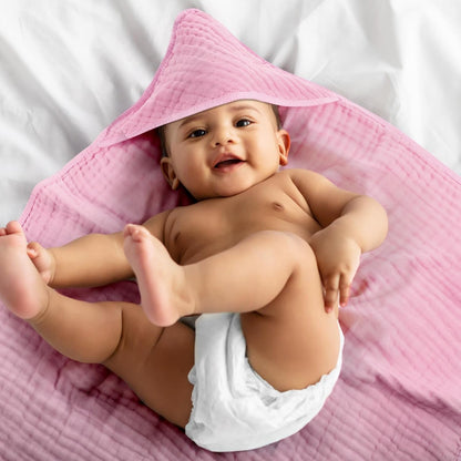 6 Pcs Muslin Hooded Baby Bath Towel and Washcloth Set,Rose Red, Pink