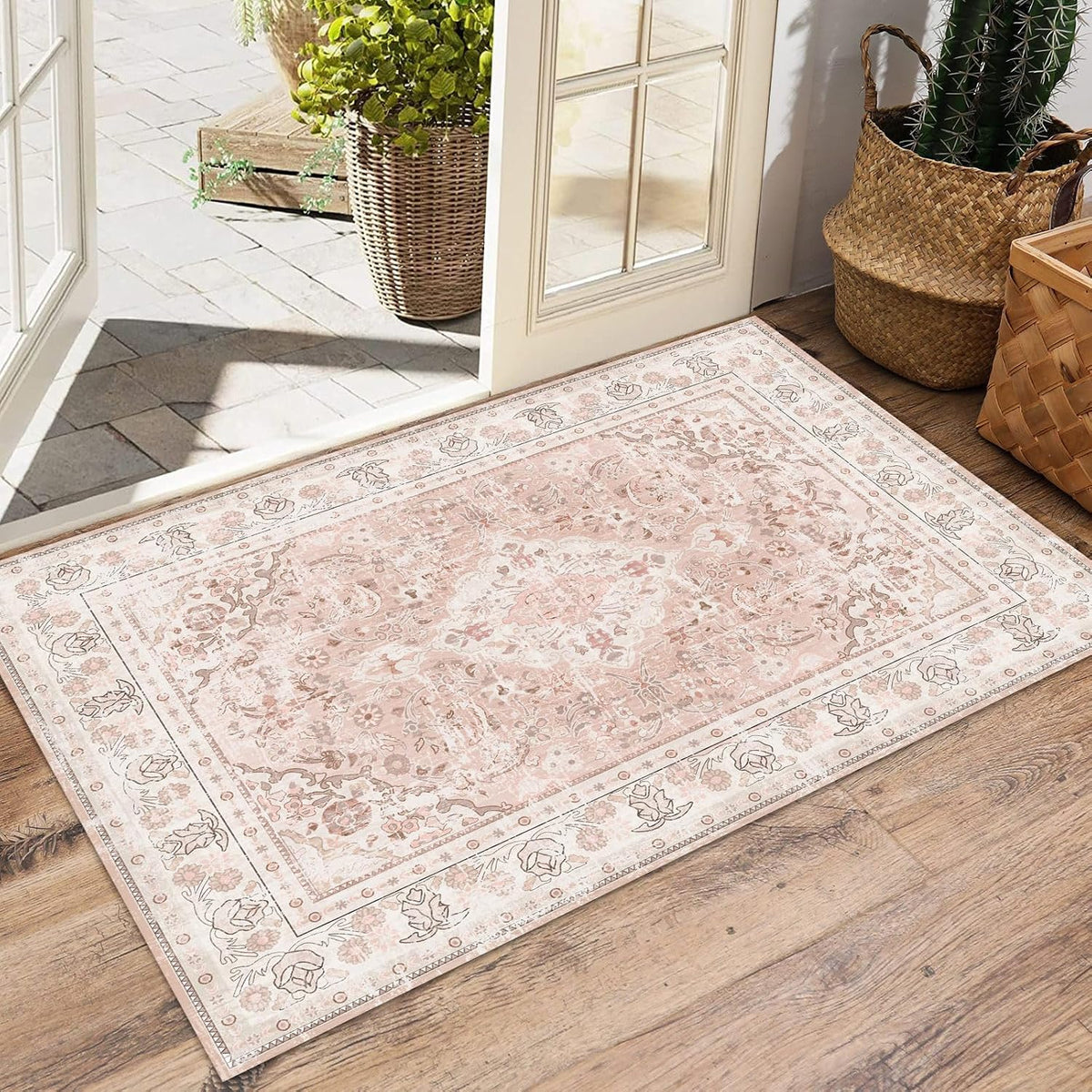 2×3 Dusty Pink Area Rugs Washable Boho Vintage Modern Neutral Small Carpet Doormat for Bathroom Kitchen Entryway Girls' Room Nursery Room Non Slip