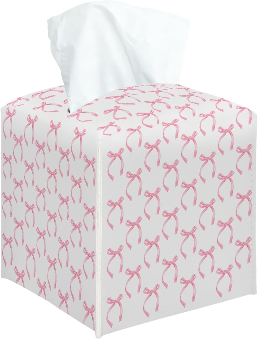 Pink Bow Tissue Box Cover Square, Pink Ribbon Decorative Tissue Box Holder for Bedroom Bathroom Kitchen Office Vanity Countertop, Leather Facial Paper Organizer Dispenser -17