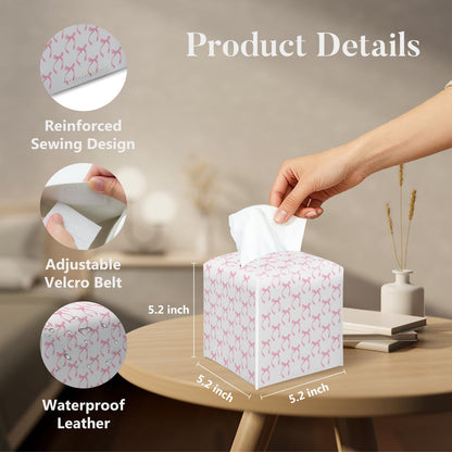 Pink Bow Tissue Box Cover Square, Pink Ribbon Decorative Tissue Box Holder for Bedroom Bathroom Kitchen Office Vanity Countertop, Leather Facial Paper Organizer Dispenser -17