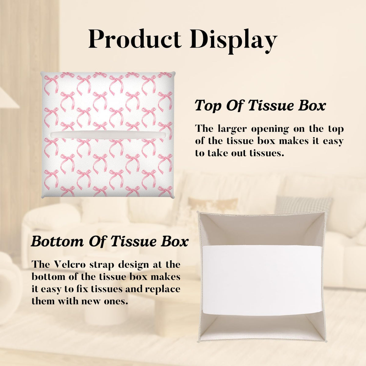 Pink Bow Tissue Box Cover Square, Pink Ribbon Decorative Tissue Box Holder for Bedroom Bathroom Kitchen Office Vanity Countertop, Leather Facial Paper Organizer Dispenser -17
