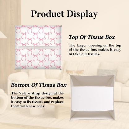 Pink Bow Tissue Box Cover Square, Pink Ribbon Decorative Tissue Box Holder for Bedroom Bathroom Kitchen Office Vanity Countertop, Leather Facial Paper Organizer Dispenser -17
