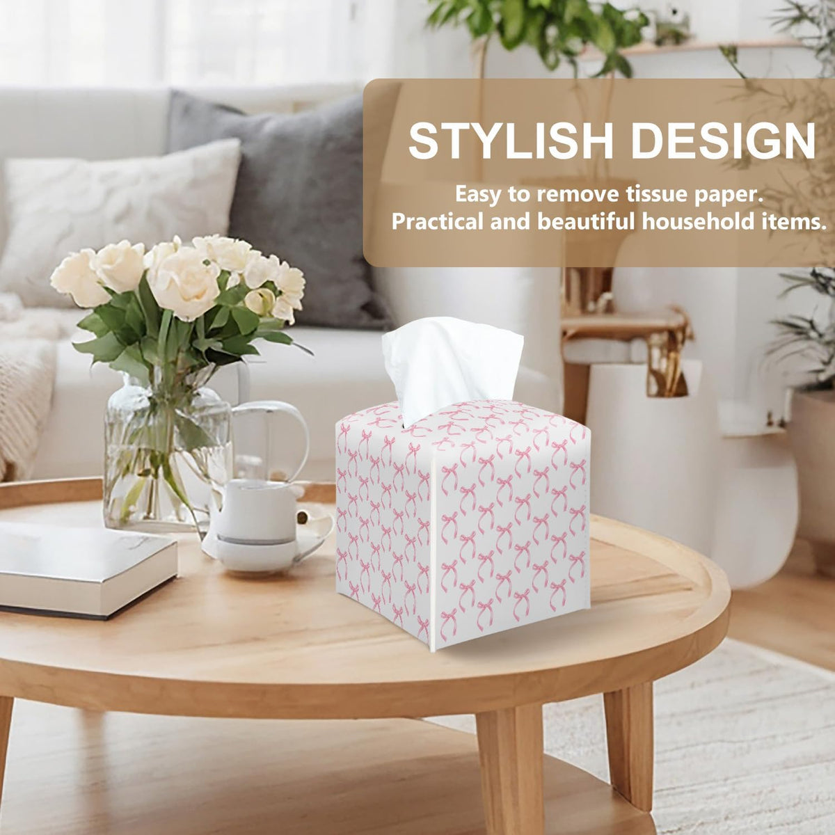 Pink Bow Tissue Box Cover Square, Pink Ribbon Decorative Tissue Box Holder for Bedroom Bathroom Kitchen Office Vanity Countertop, Leather Facial Paper Organizer Dispenser -17