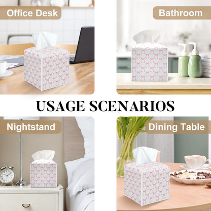 Pink Bow Tissue Box Cover Square, Pink Ribbon Decorative Tissue Box Holder for Bedroom Bathroom Kitchen Office Vanity Countertop, Leather Facial Paper Organizer Dispenser -17