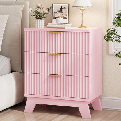 Fluted Nightstand, 24" Wide Side Table with 3 Large Storage Drawers, Mid Century Modern Wood Night Stand with Metal Handle, Wooden Bedside End Table for Bedroom, Pink