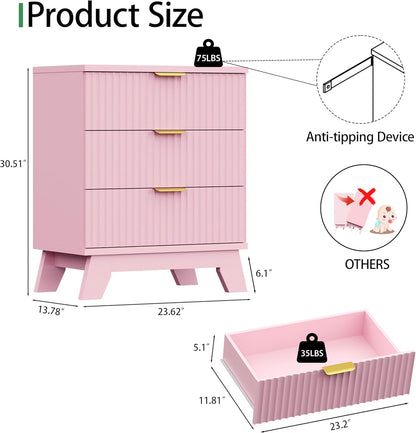 Fluted Nightstand, 24" Wide Side Table with 3 Large Storage Drawers, Mid Century Modern Wood Night Stand with Metal Handle, Wooden Bedside End Table for Bedroom, Pink